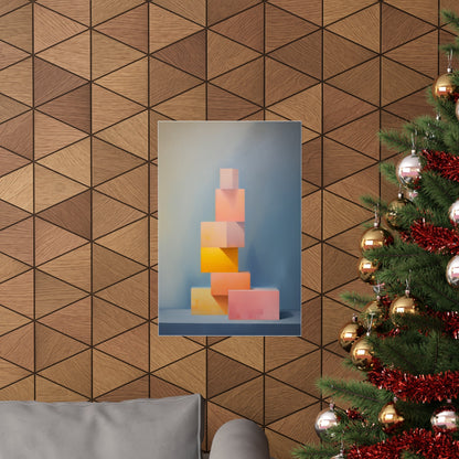 Geometric abstract artwork featuring stacked pastel-colored cubes.