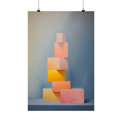 Stack of pastel-colored geometric blocks or cubes arranged in a tower-like formation.