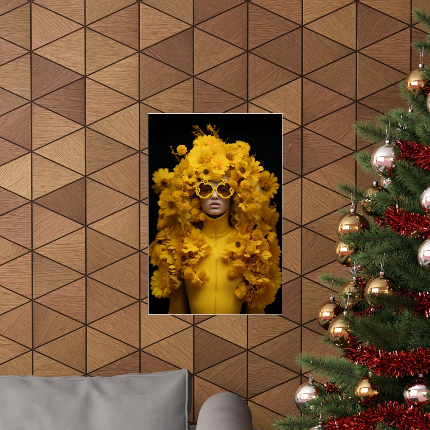 A christmas tree with a picture of a woman in a yellow dress