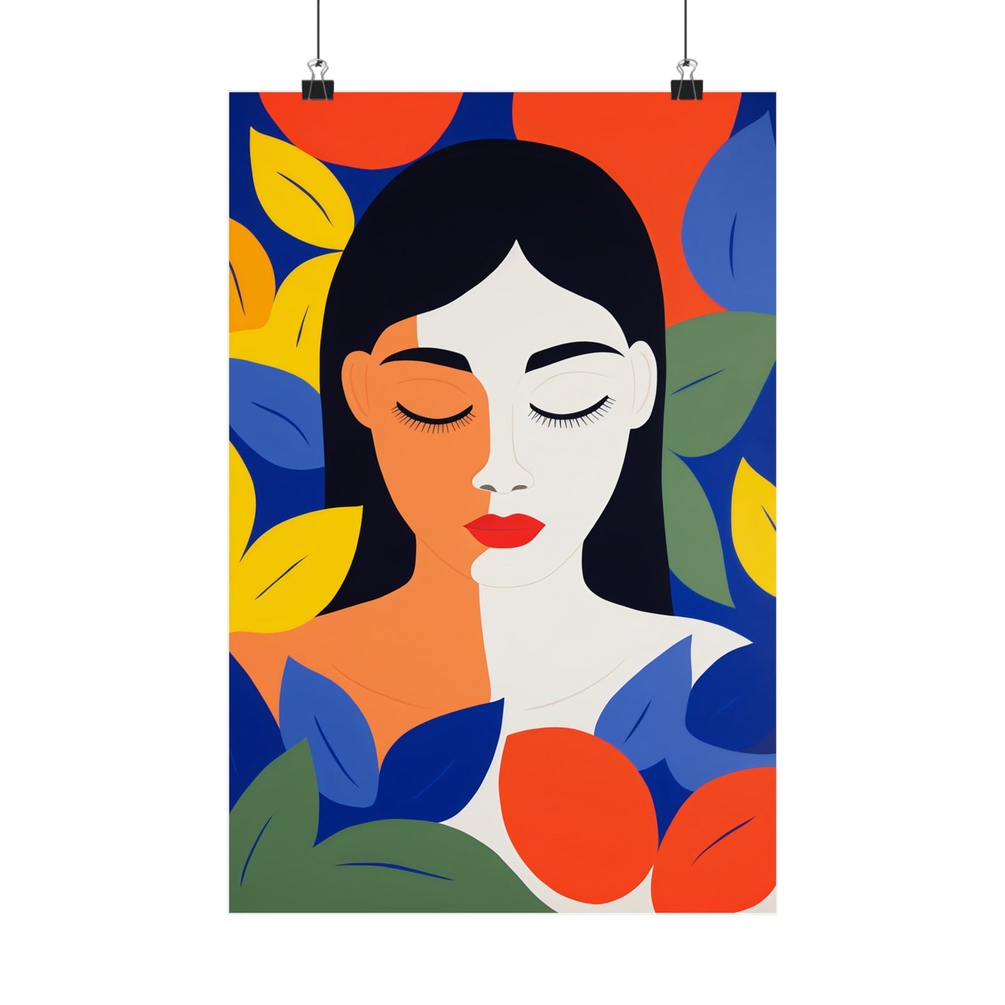 Stylized portrait of a woman with closed eyes surrounded by colorful abstract leaf shapes.