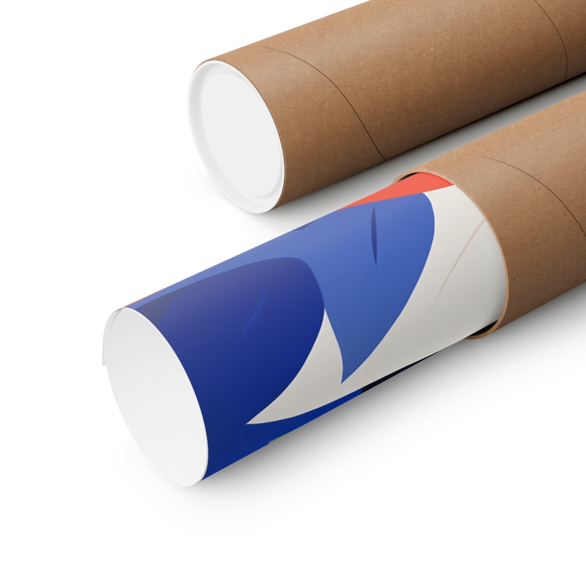 Two rolls of brown paper with blue and red designs