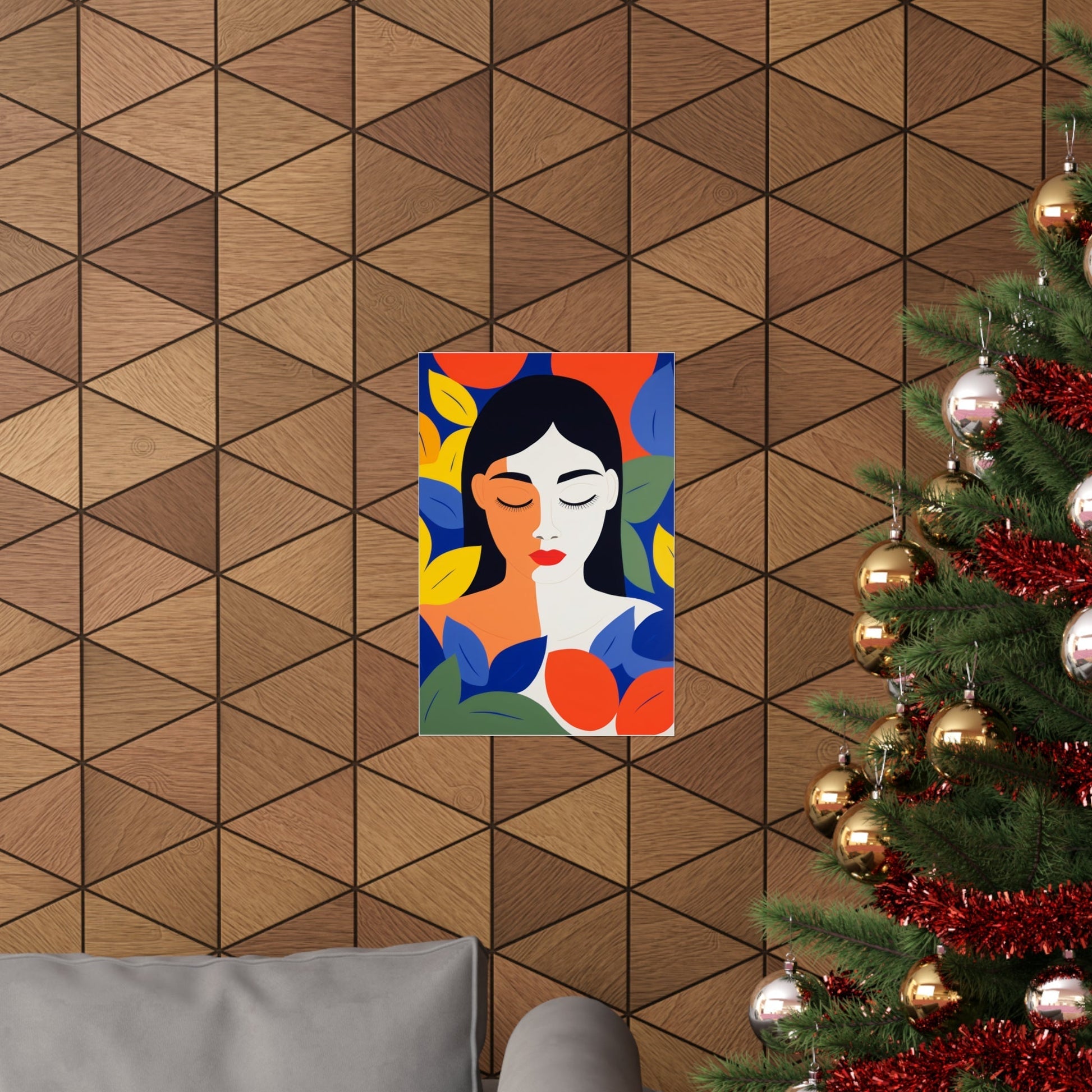 A christmas tree with a picture of a woman