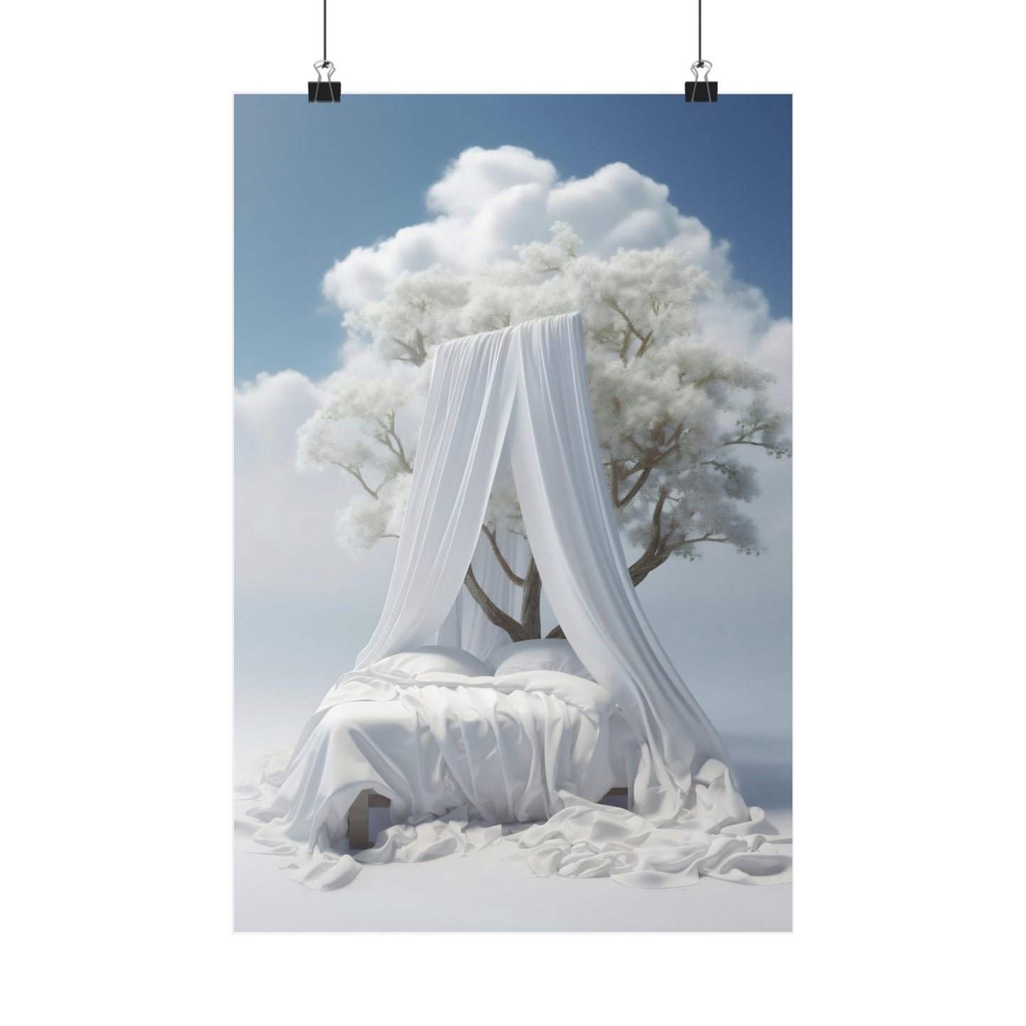 Canopy bed with white drapes surrounded by cloud-like formations.