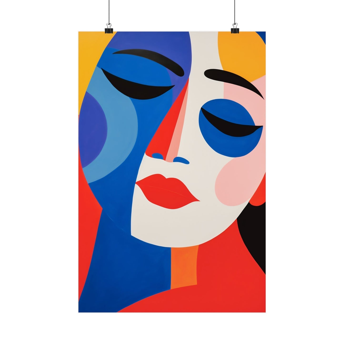 A poster with a woman’s face in blue, red and yellow