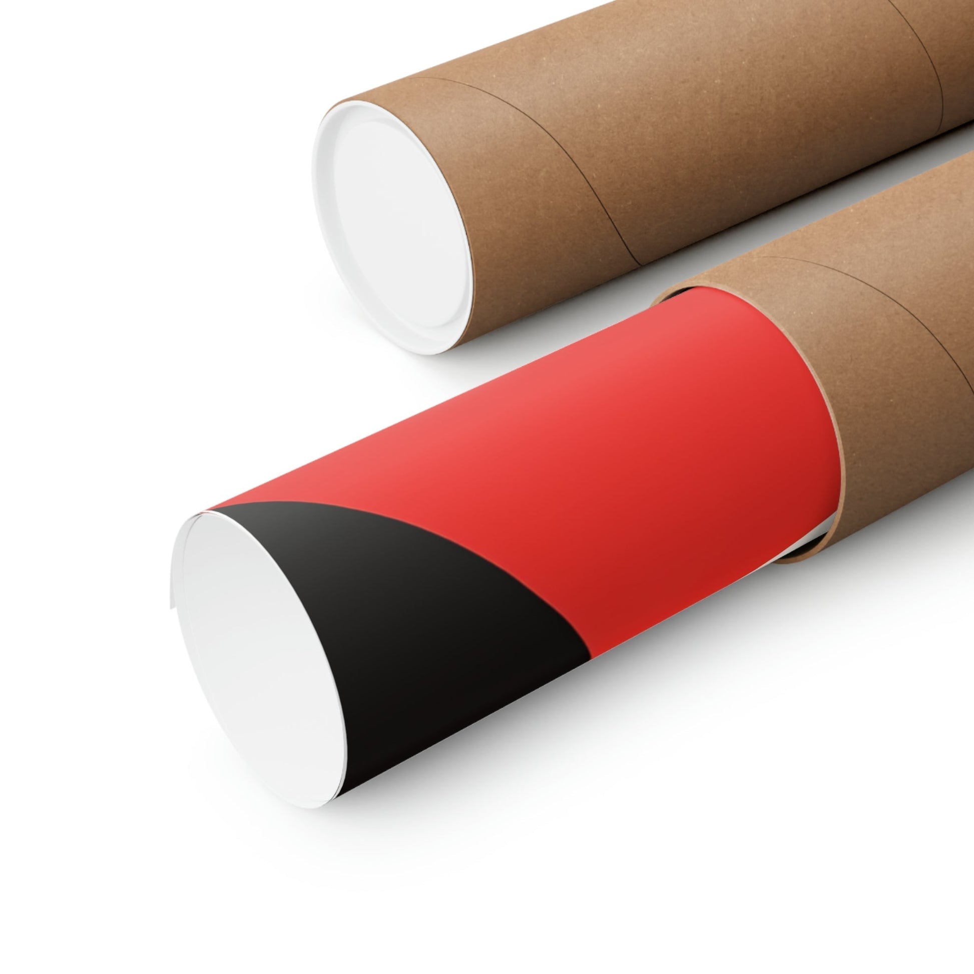 Two rolls of brown paper with red and black stripes