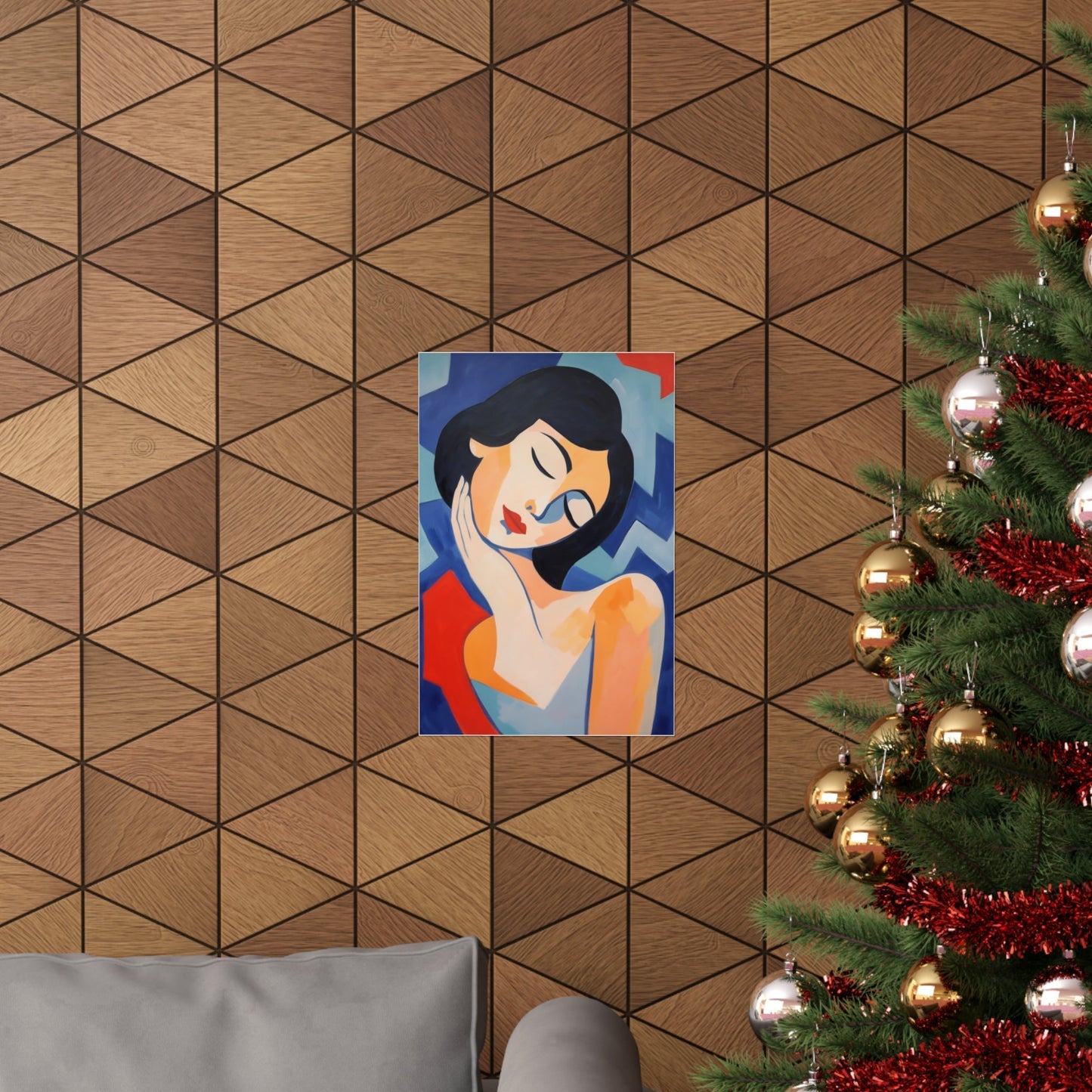 A christmas tree with a picture of a woman