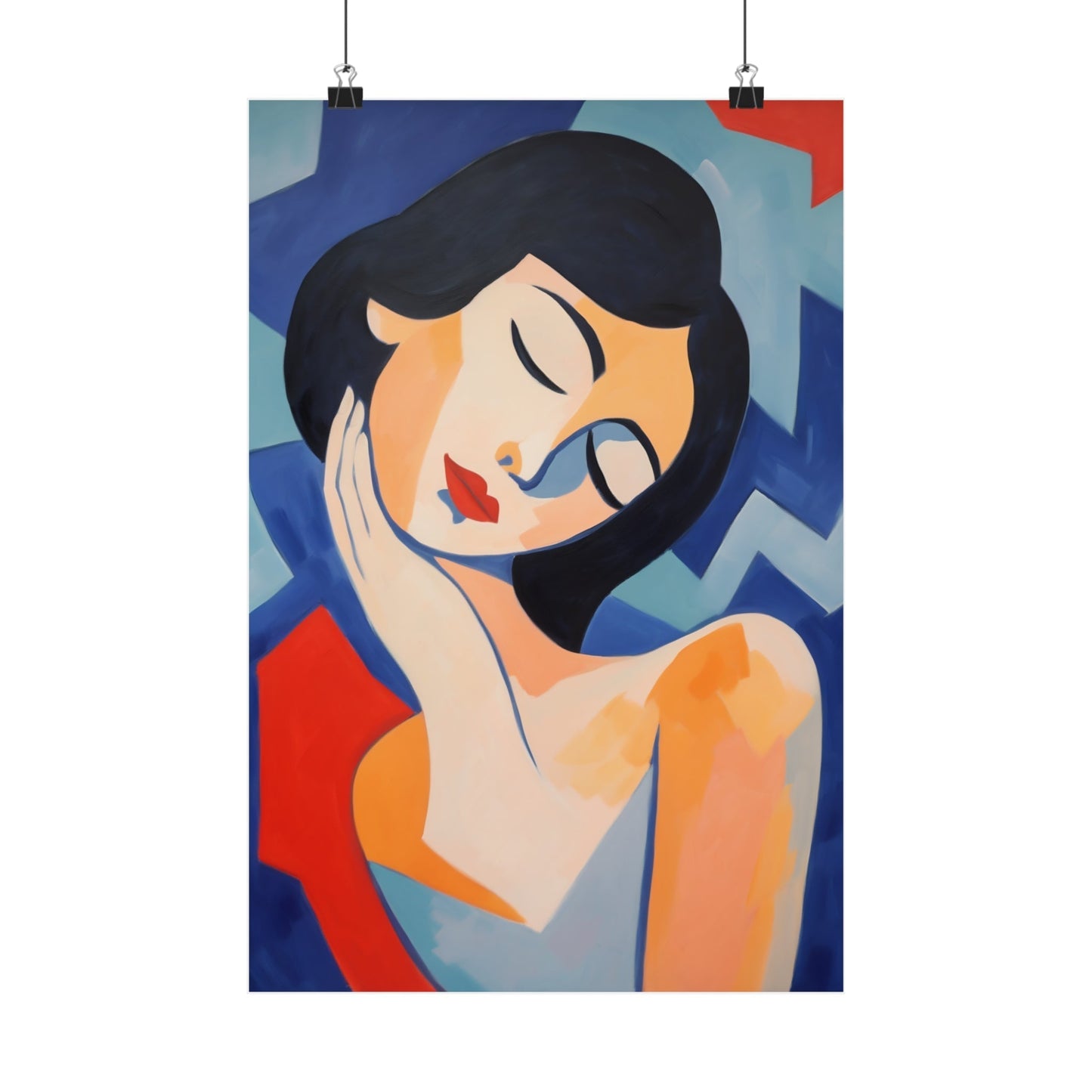 Stylized painting of a woman with closed eyes resting her face on her hand.