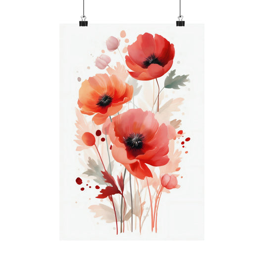 Watercolor painting of red poppies with delicate stems and leaves.