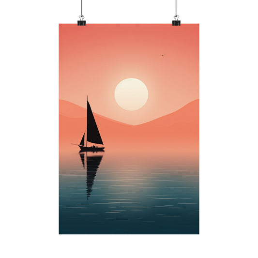 Sailboat silhouetted against a sunset sky and reflected in calm water.