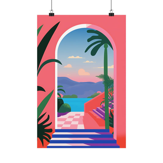 Colorful poster depicting a tropical landscape viewed through an arched doorway.