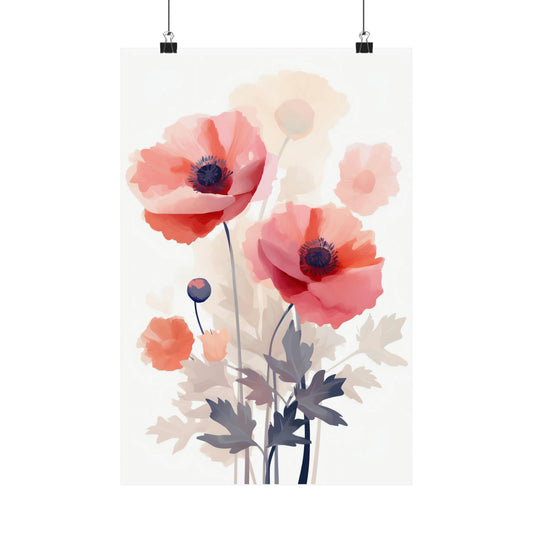 Watercolor painting of pink poppies with delicate stems and leaves.