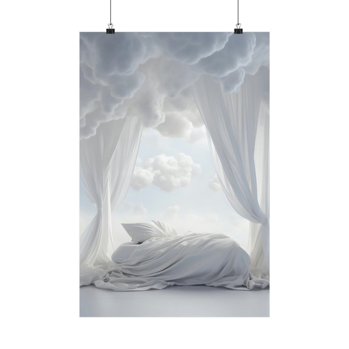 A poster with a white curtain and a white bed