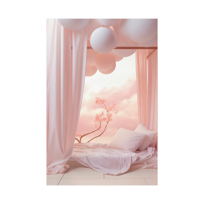 A pink canopy bed with white pillows and pink balloons