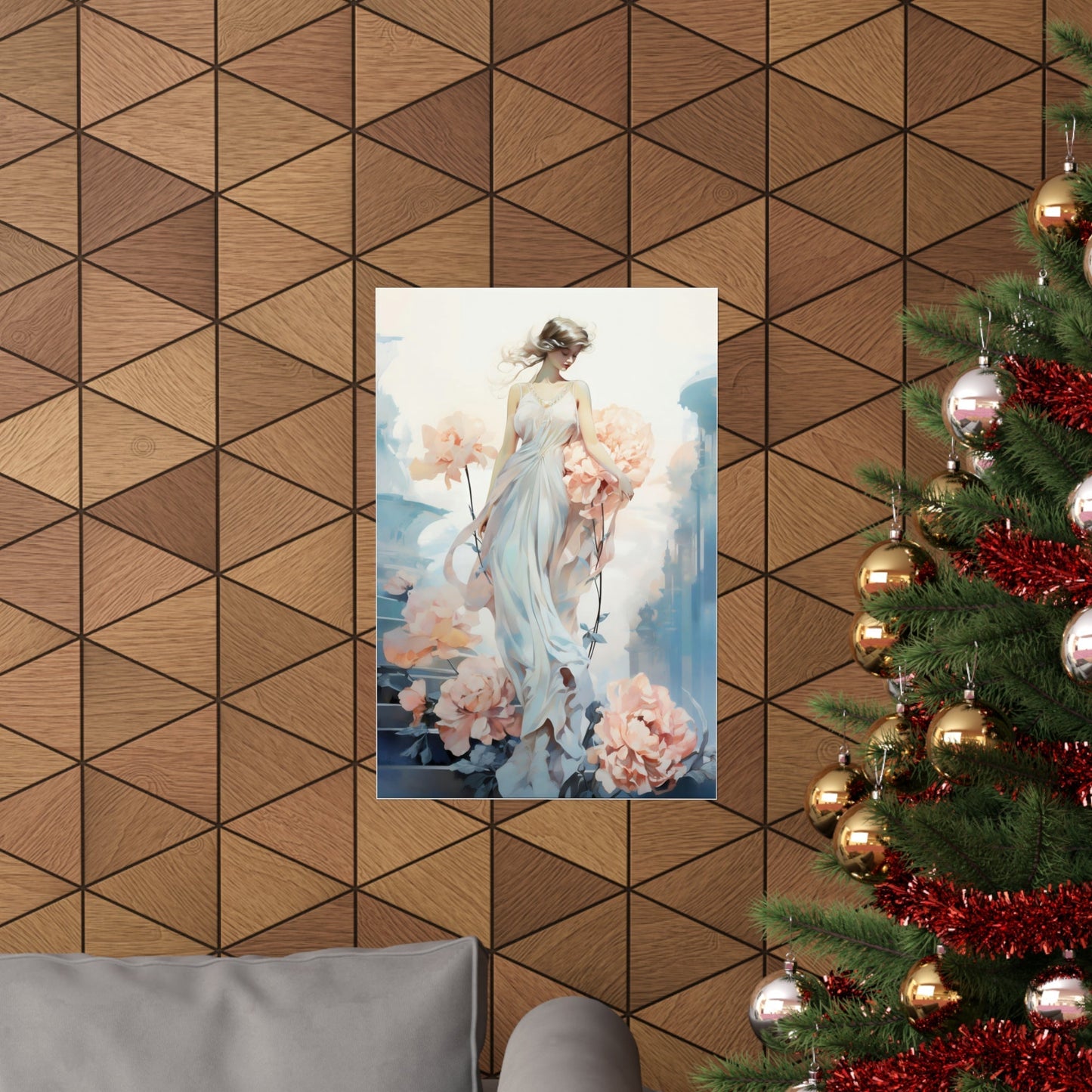 A christmas tree with a picture of a woman in a white dress