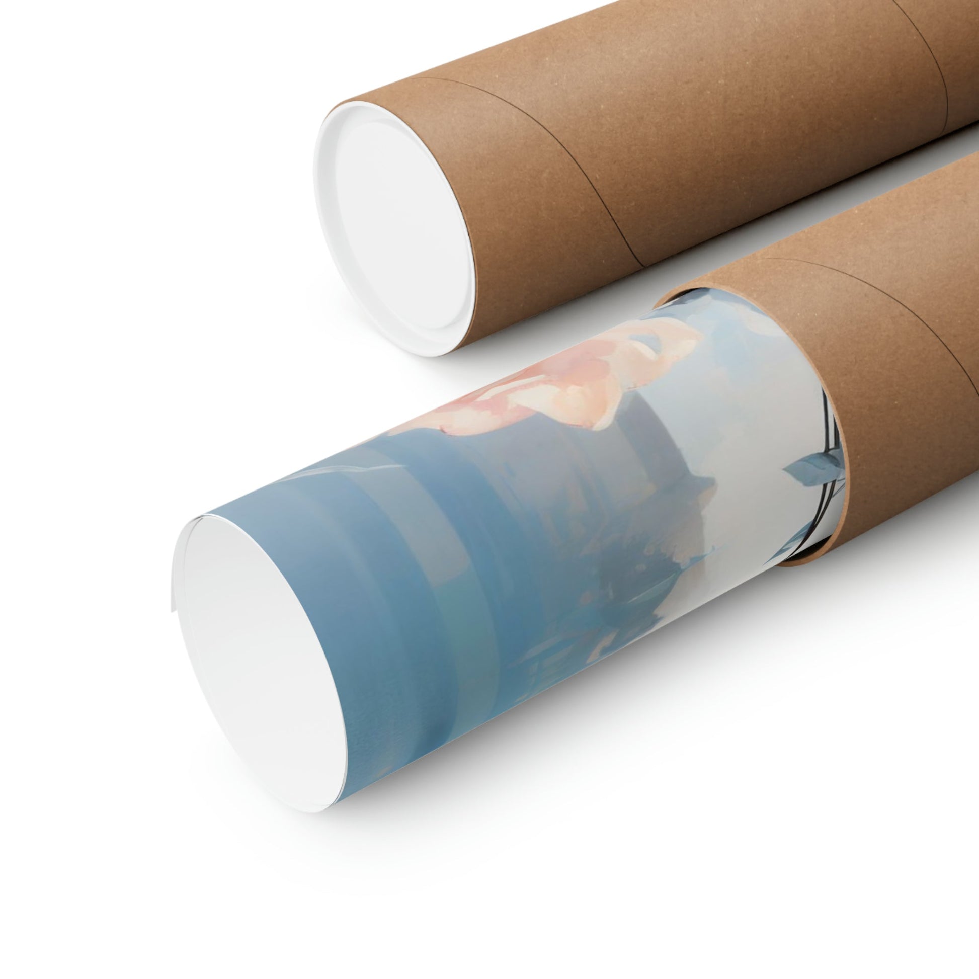 Two rolls of brown paper with a photo on them