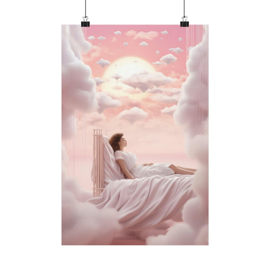 Person in a white dress reclining on clouds against a pink sky.