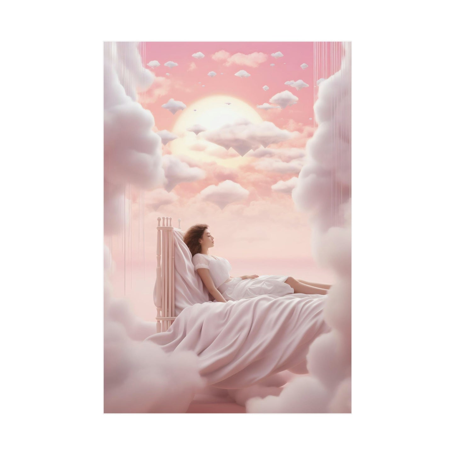 A woman laying on a cloud covered bed