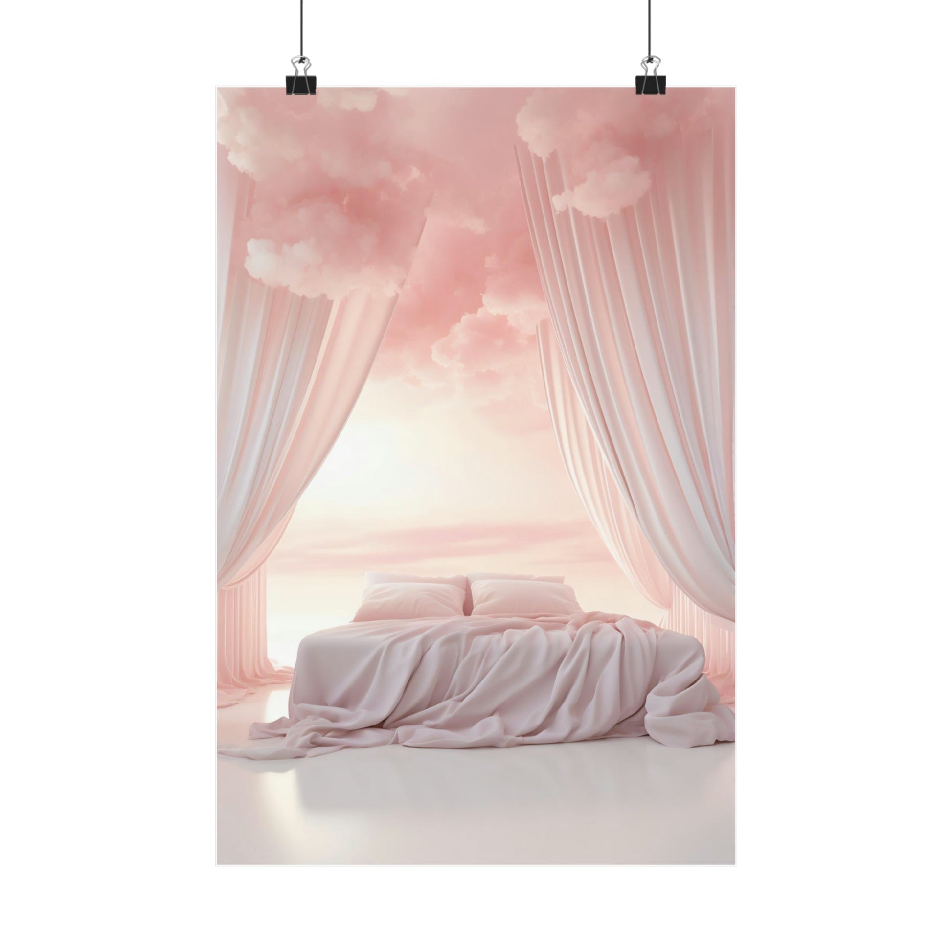 Bed draped with soft, flowing fabric in a dreamy pink setting.