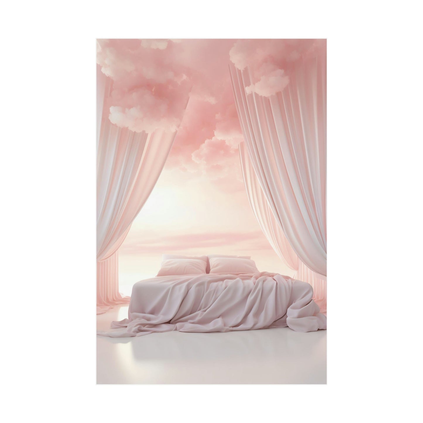 A bed with a pink sky background