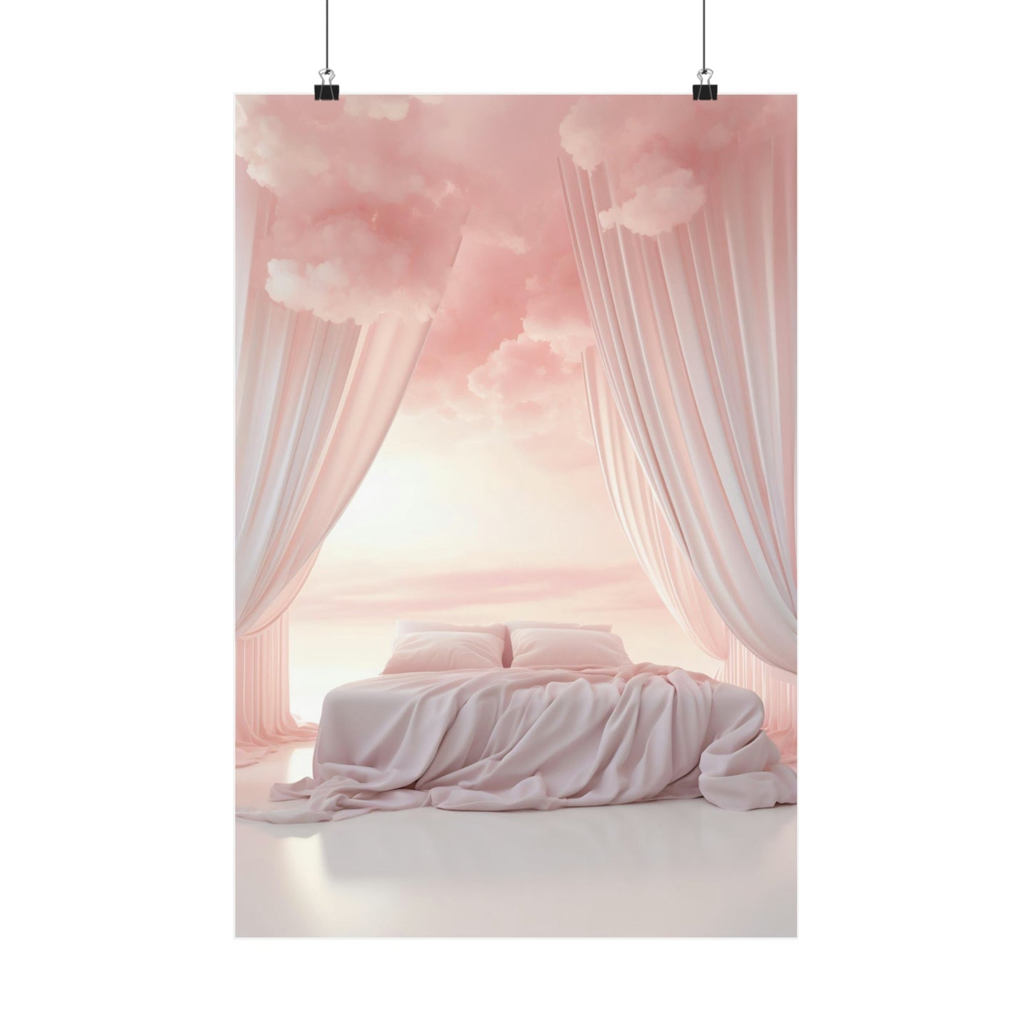 A poster with a pink sky and clouds