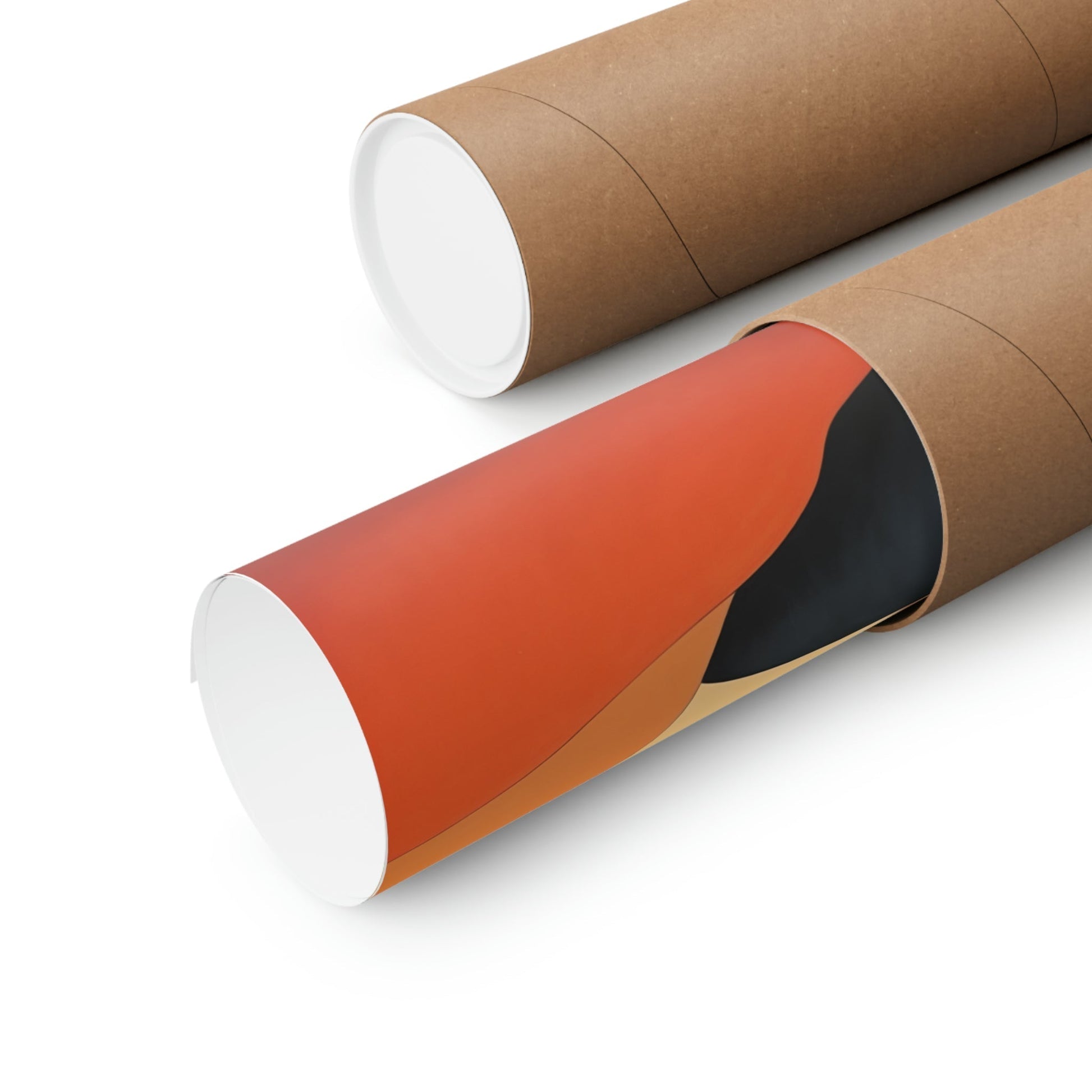 Two rolls of brown paper with orange and black on them