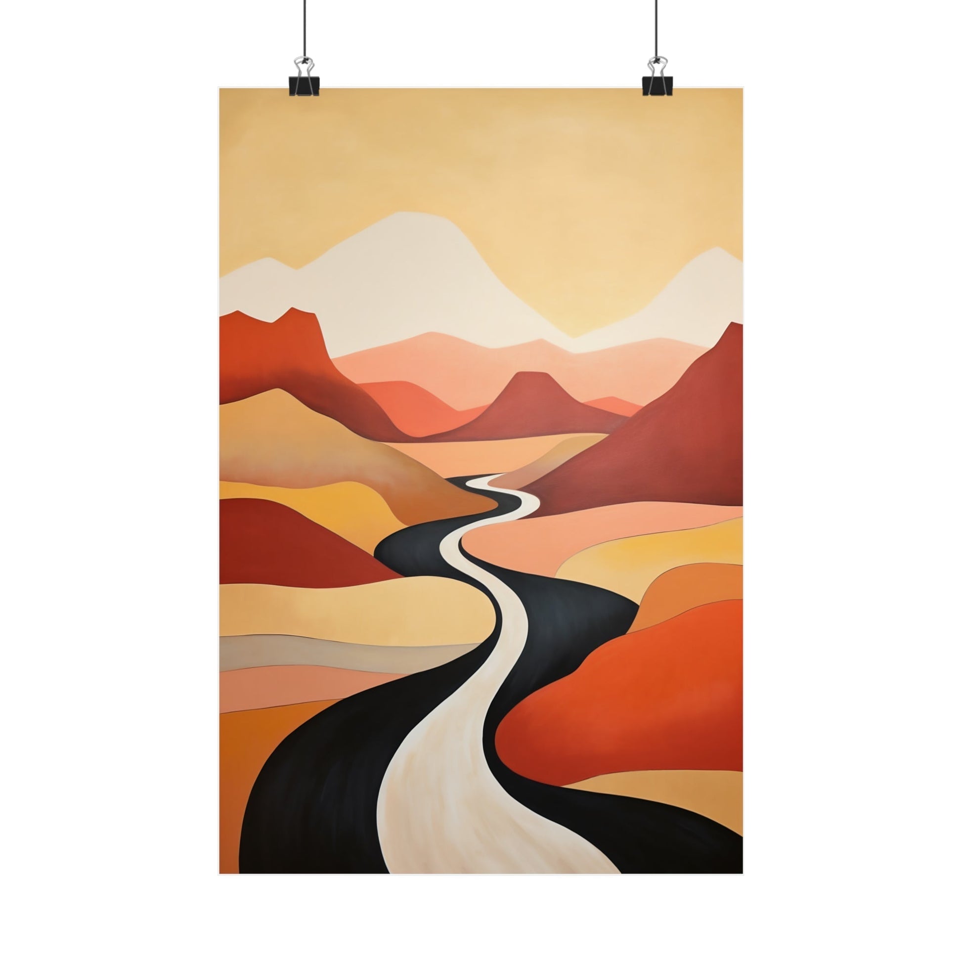 Abstract landscape painting featuring a winding river through stylized mountains and hills in warm earth tones.