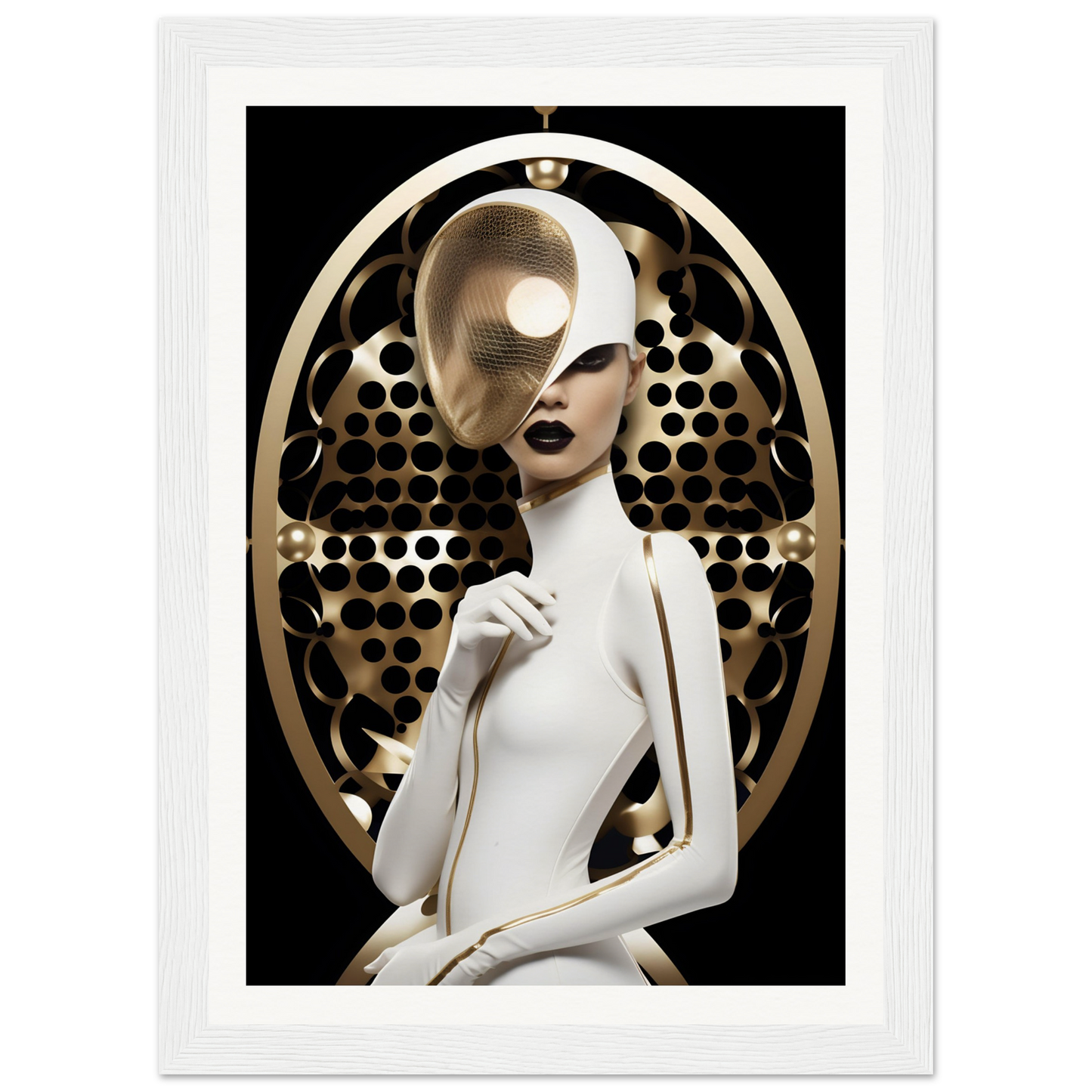 Stylized female figure with pale skin and a striking gold headdress against a dark background.