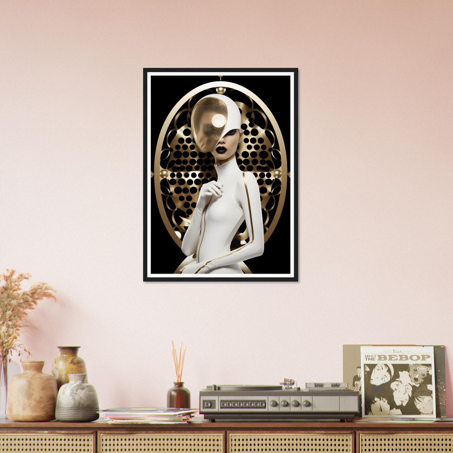 Framed portrait of a futuristic, pale humanoid figure with an ornate golden background.