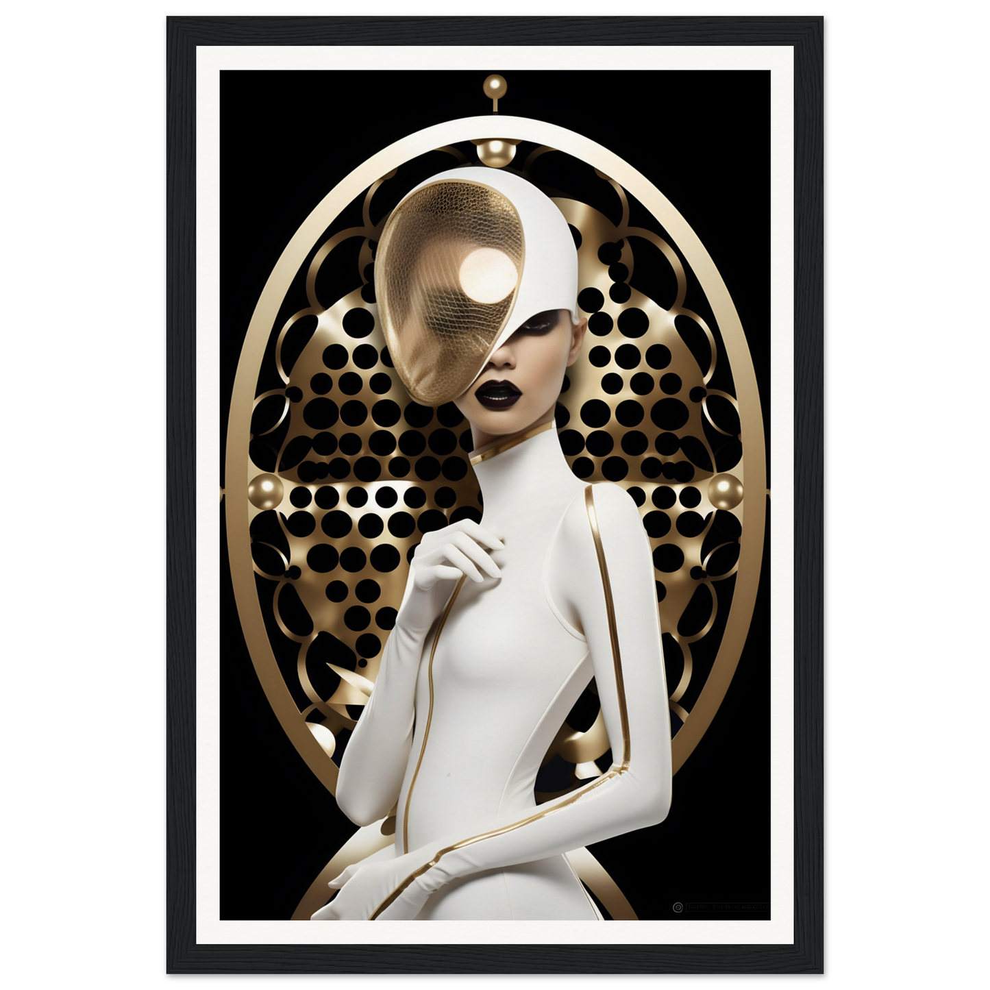 Stylized female figure with golden features against a dark background, framed by an ornate oval design.