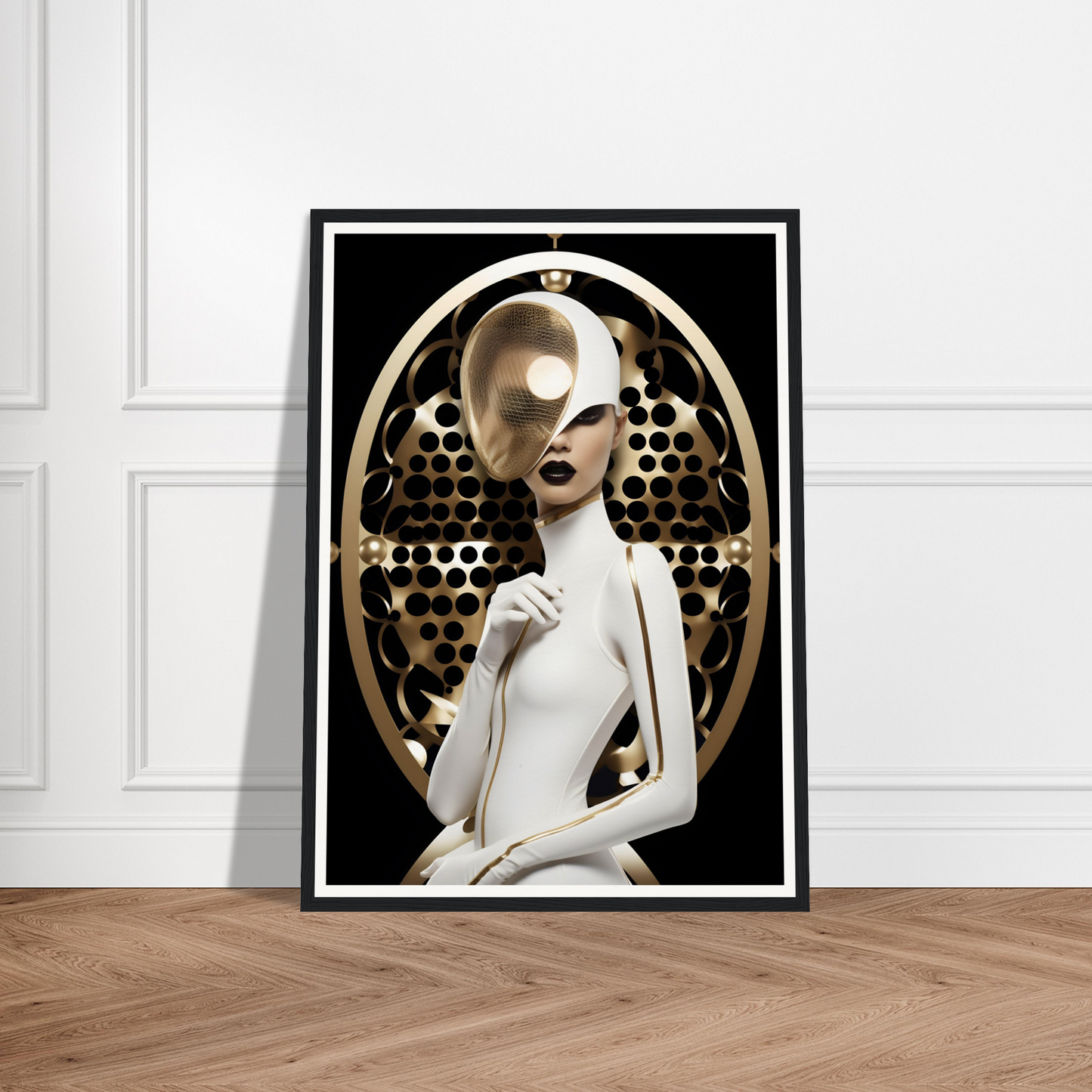 Framed artwork depicting a stylized female figure with golden features against an ornate background.