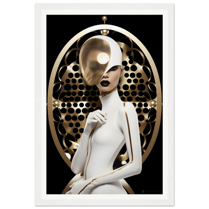 Stylized figure in white attire with a golden, circular halo-like structure behind it.