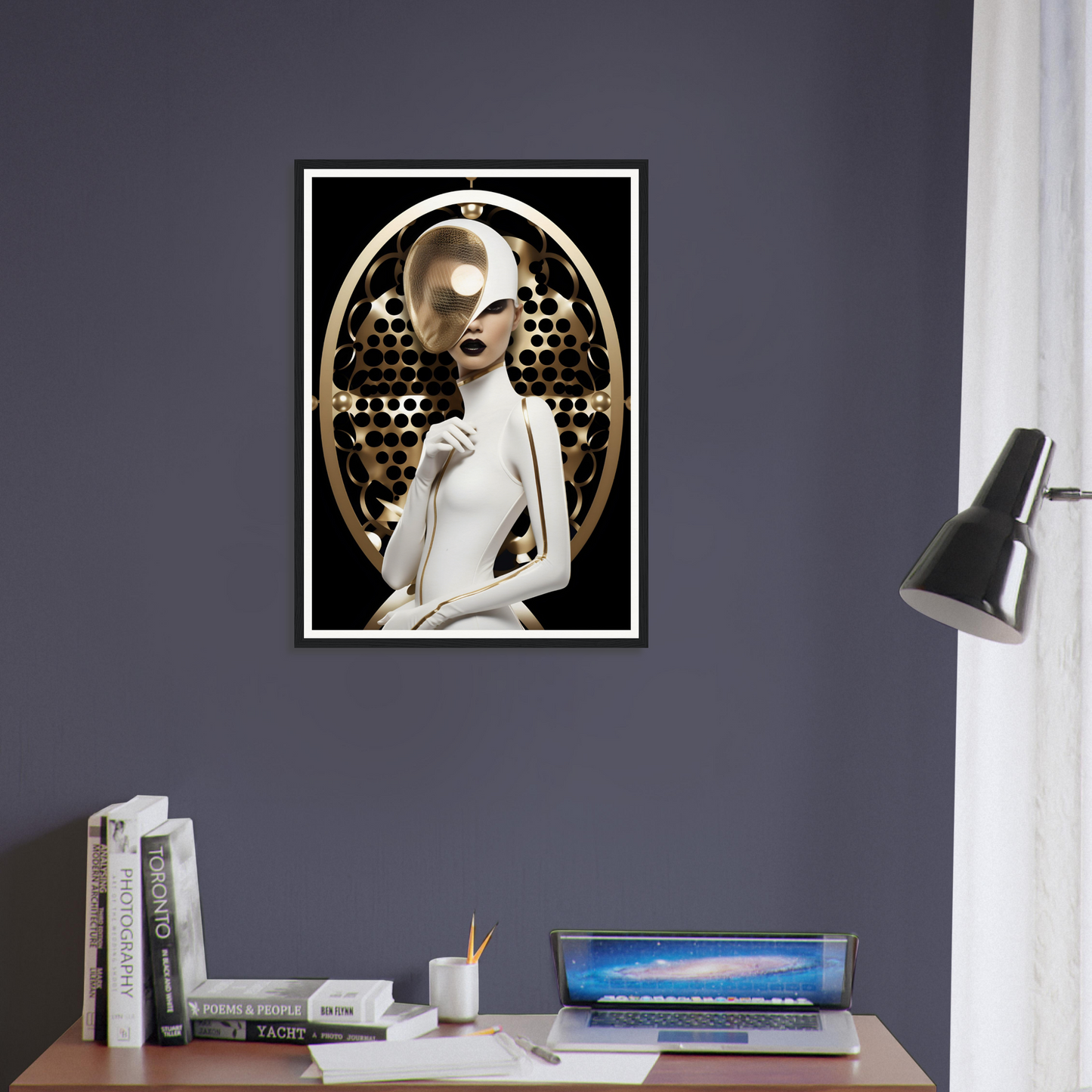 Framed portrait of an otherworldly, pale figure with an elongated neck against a dark background.