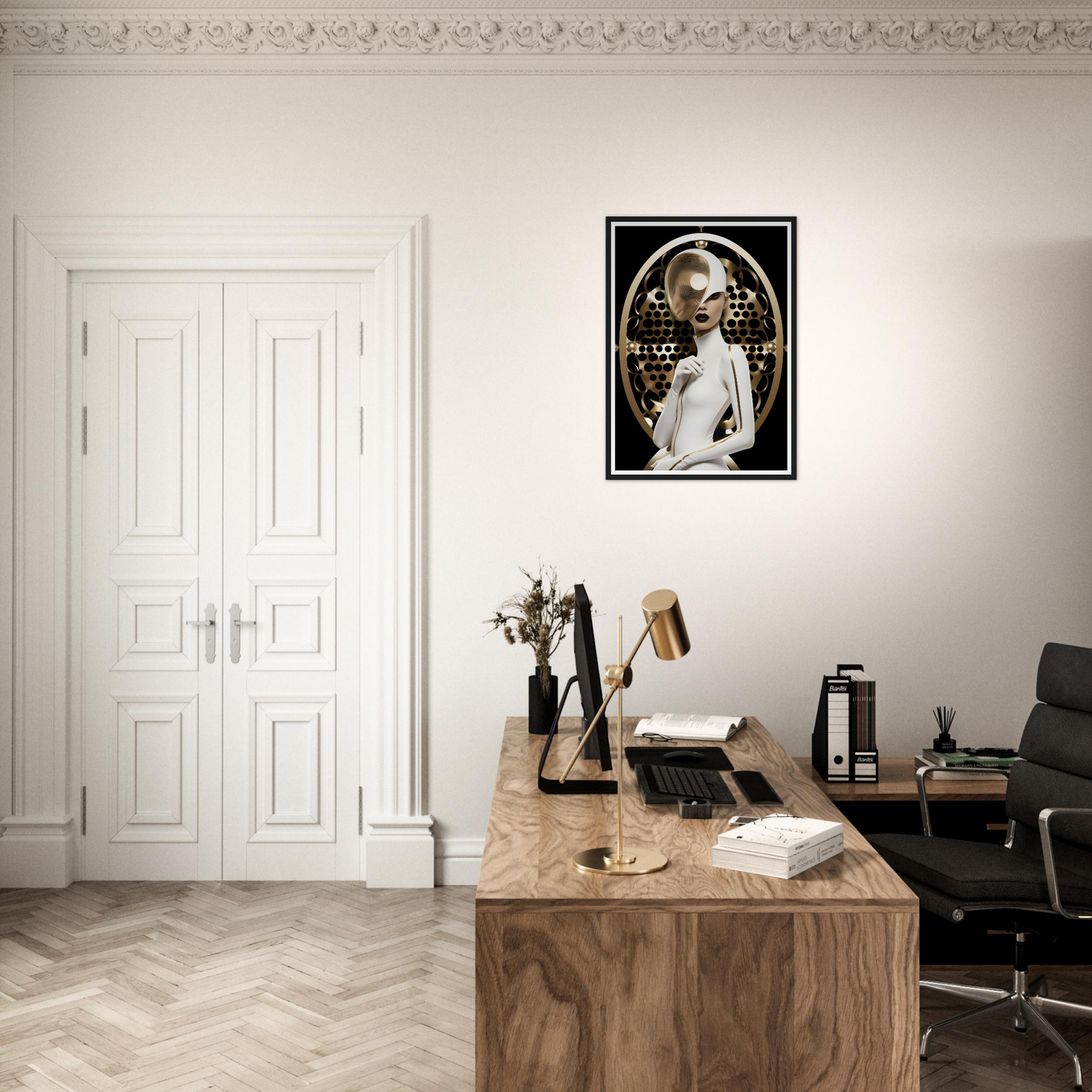 Elegant home office workspace with a wooden desk and framed artwork on the wall.