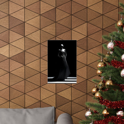 Geometric wood-paneled wall with a black-and-white photograph and partial Christmas tree visible.