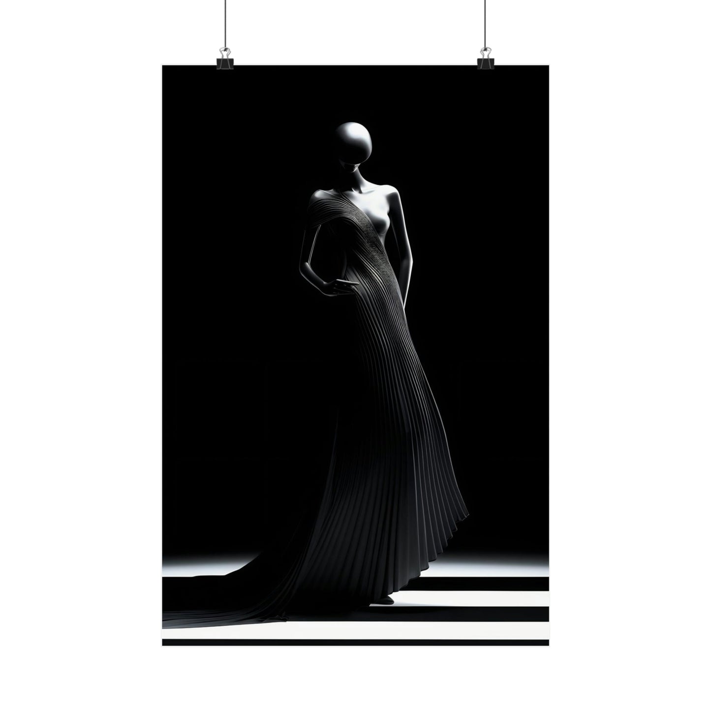 Elegant silhouette of a figure in a flowing, pleated gown against a dark background.