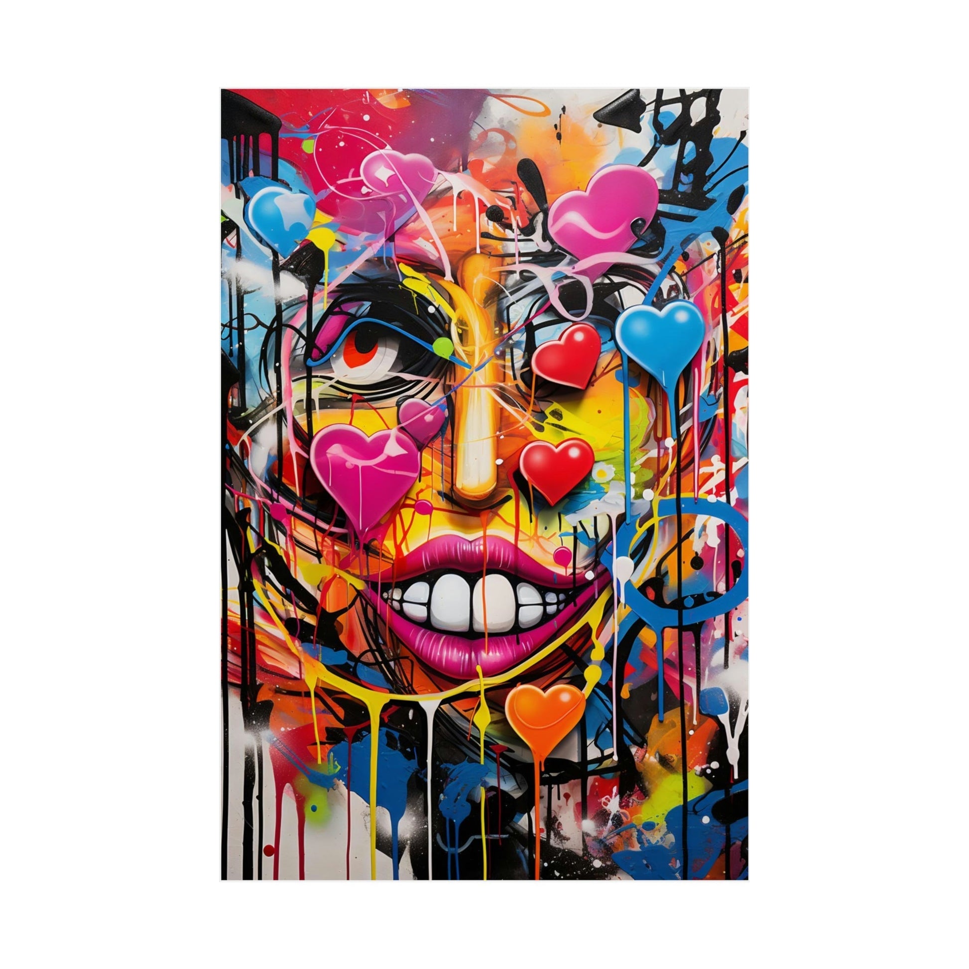 Vibrant, abstract graffiti-style portrait with colorful hearts and dripping paint effects.