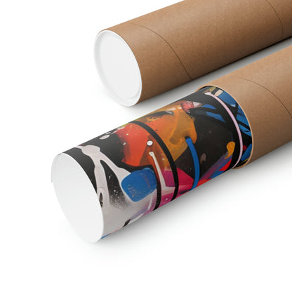 Cardboard mailing tubes, one plain and one with colorful abstract artwork printed on it.