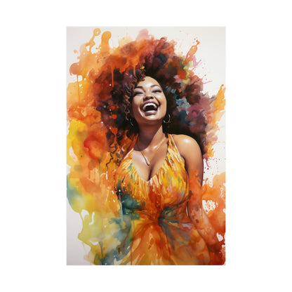 Vibrant watercolor-style portrait of a joyful woman with natural curly hair laughing exuberantly.