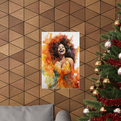 Vibrant portrait painting of a woman with voluminous curly hair against a colorful background.