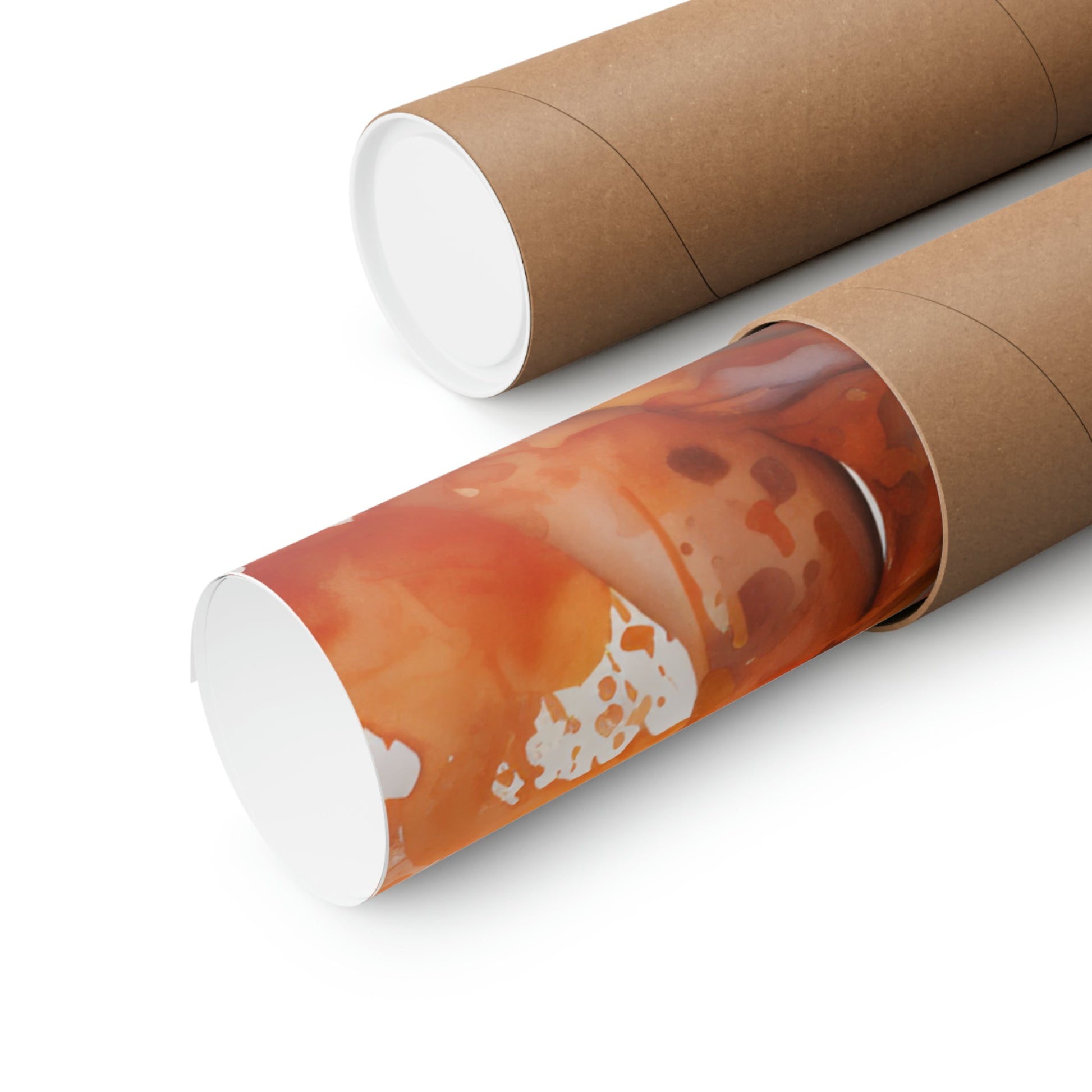 Cardboard mailing tubes, one with a colorful abstract design visible through a clear window.