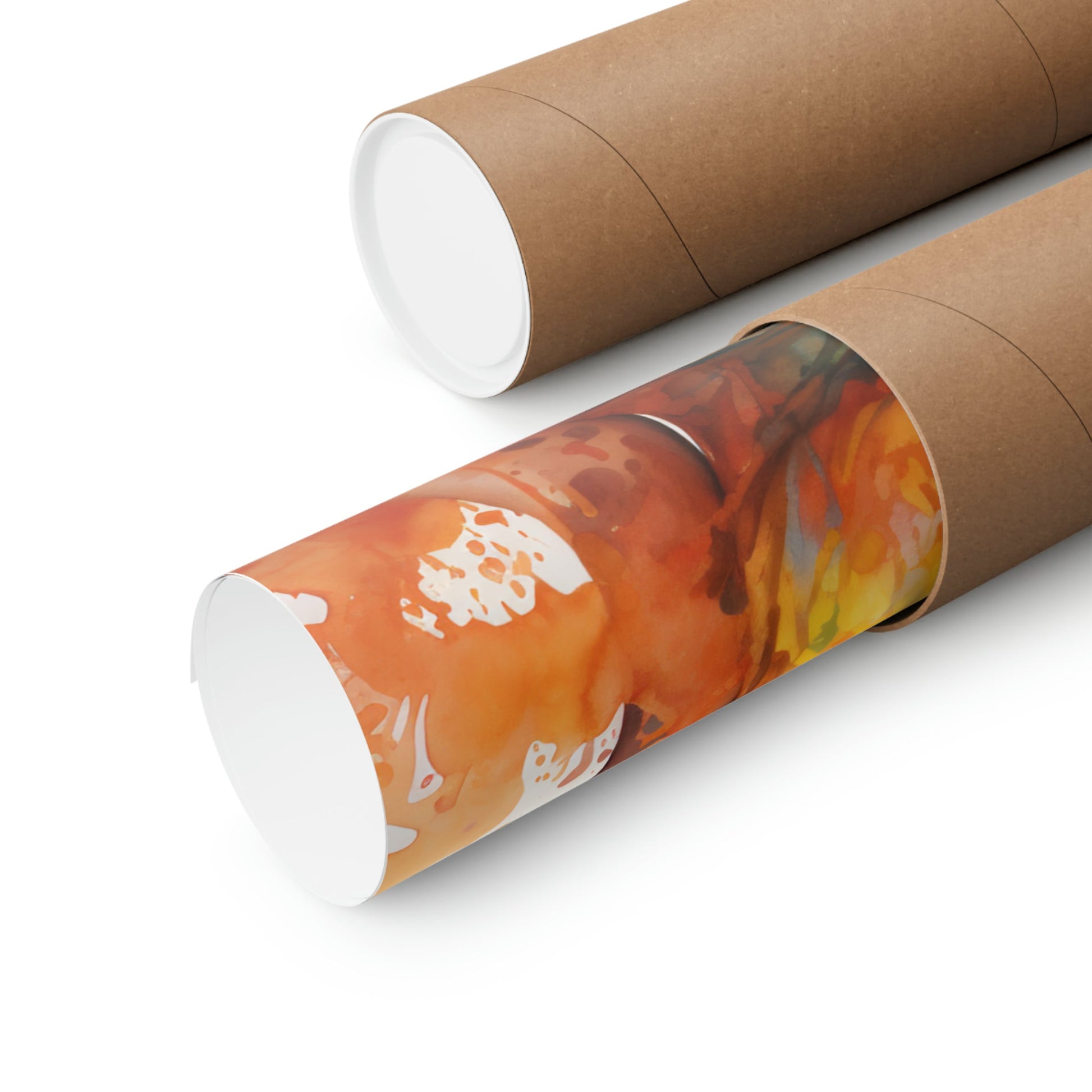 Cardboard tubes or mailing tubes, one plain and one with a colorful floral design partially visible.