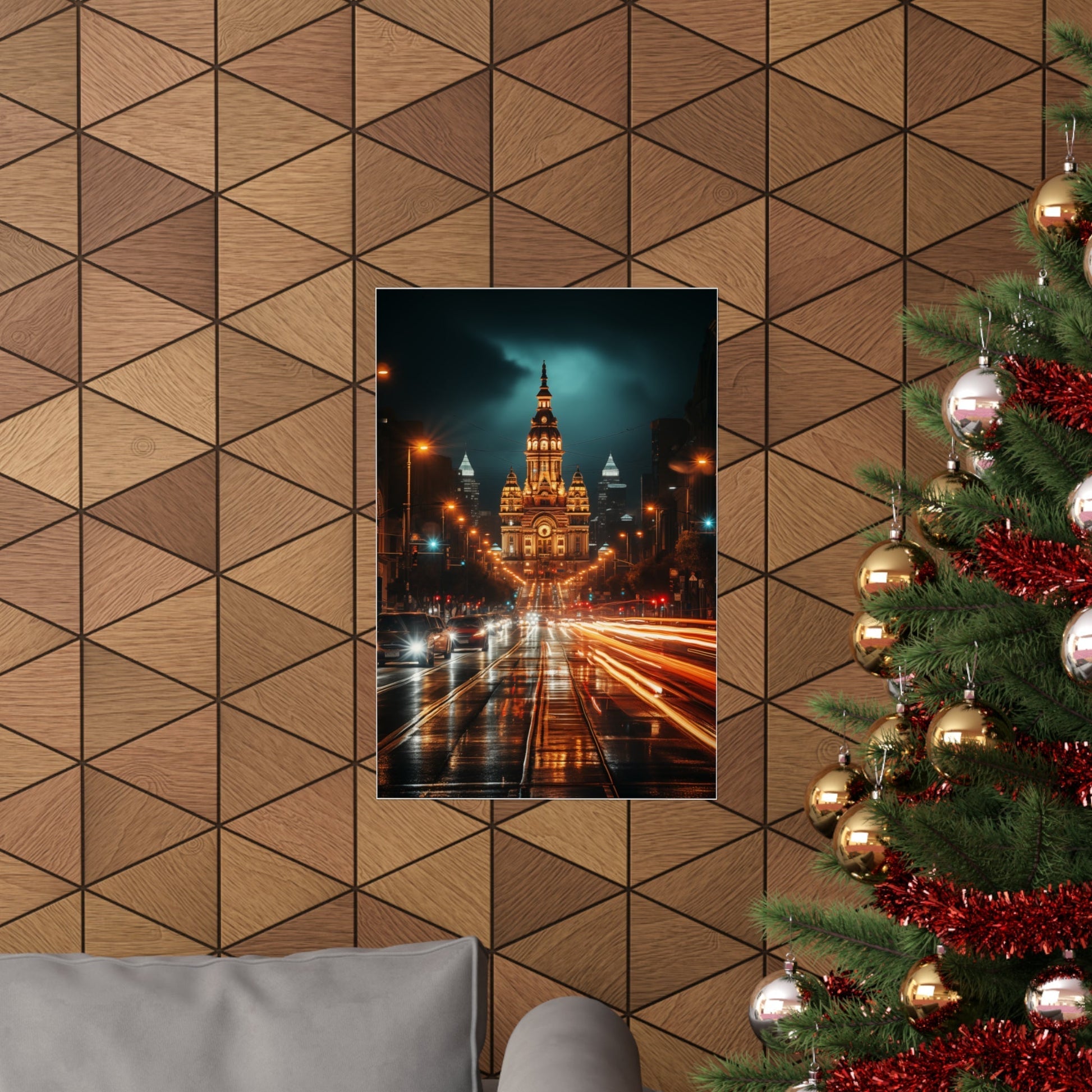 Canvas print depicting a nighttime cityscape with illuminated buildings and light trails from traffic.