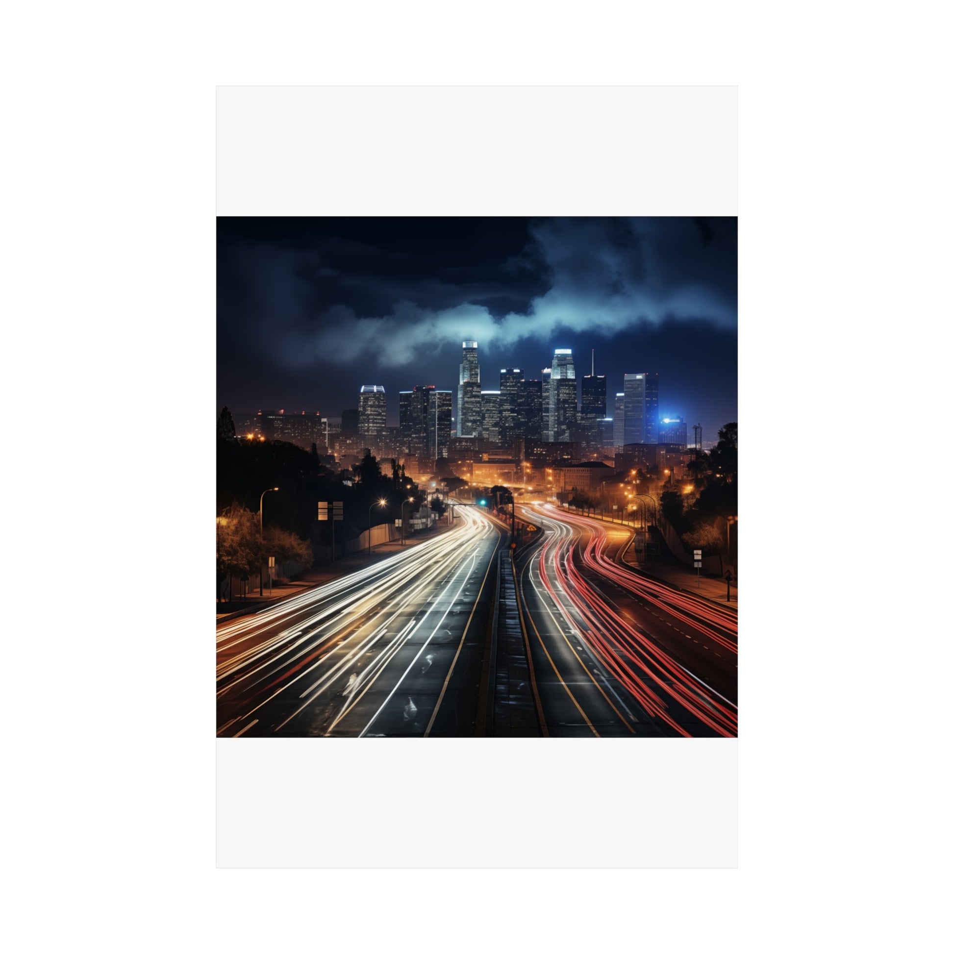 Nighttime cityscape with light trails from traffic leading to illuminated skyscrapers.