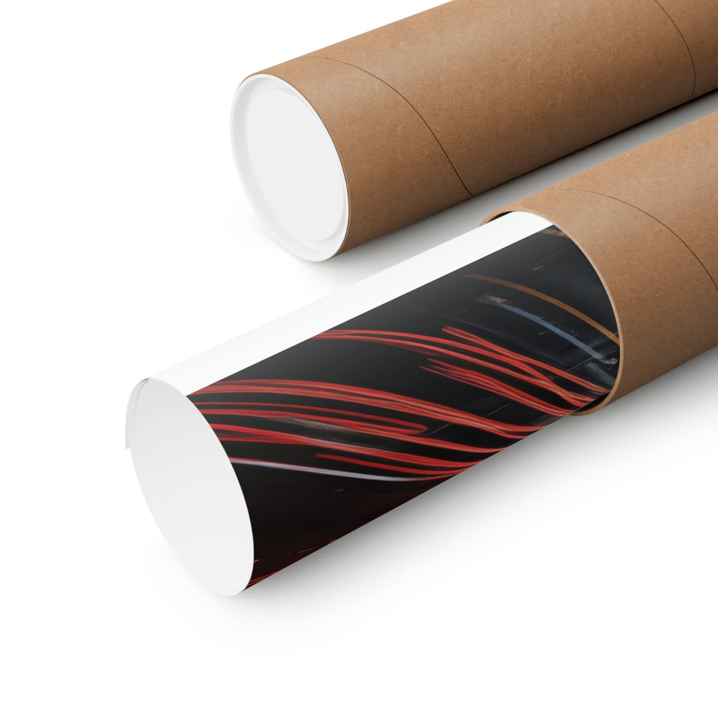 Cardboard mailing tubes, one open to reveal a rolled-up print or poster inside.