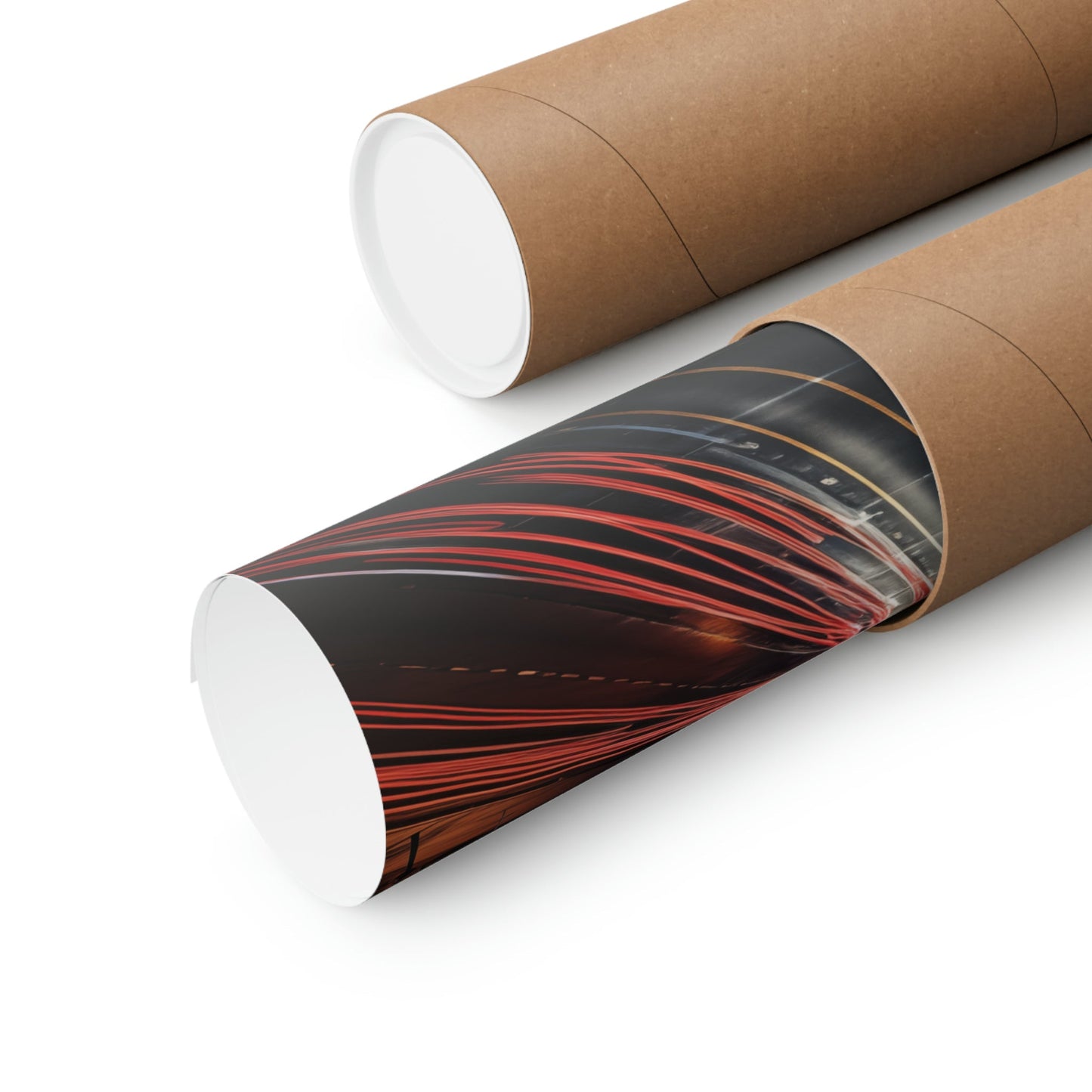 Rolled-up poster or print with a vibrant red and black abstract design visible on one tube.