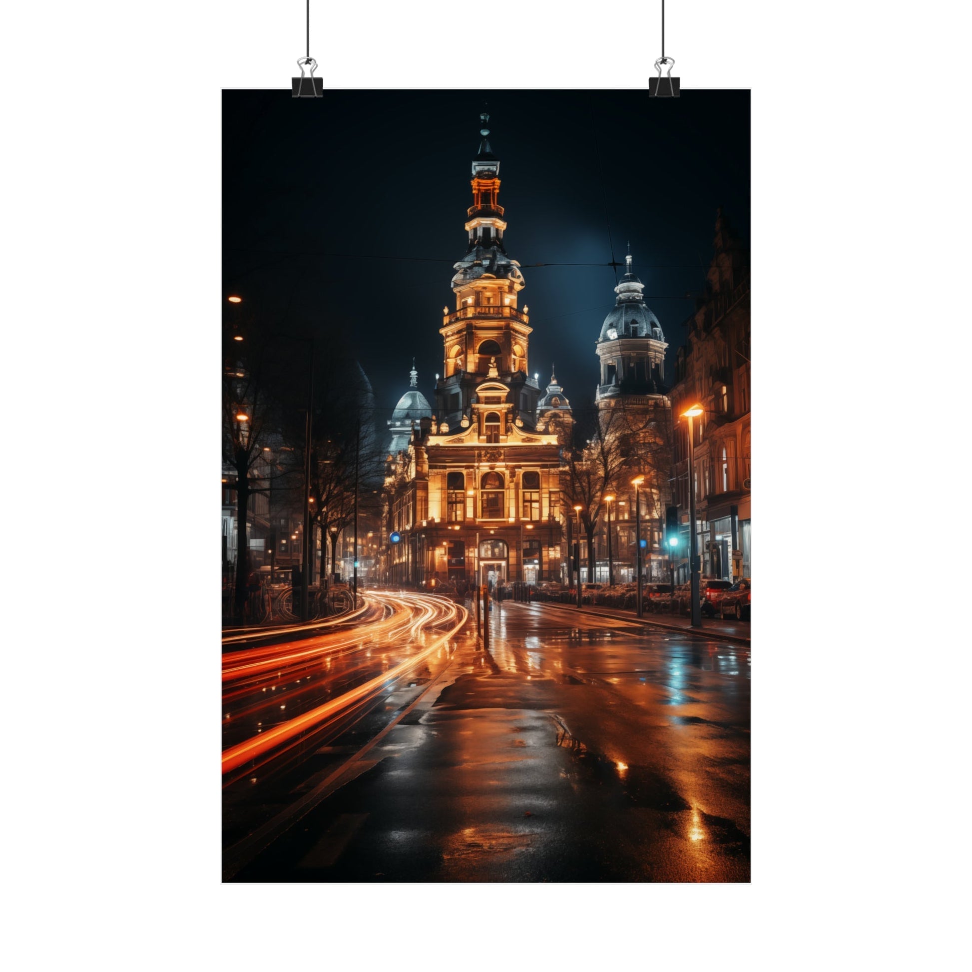 Ornate illuminated church or cathedral with domed towers at night.