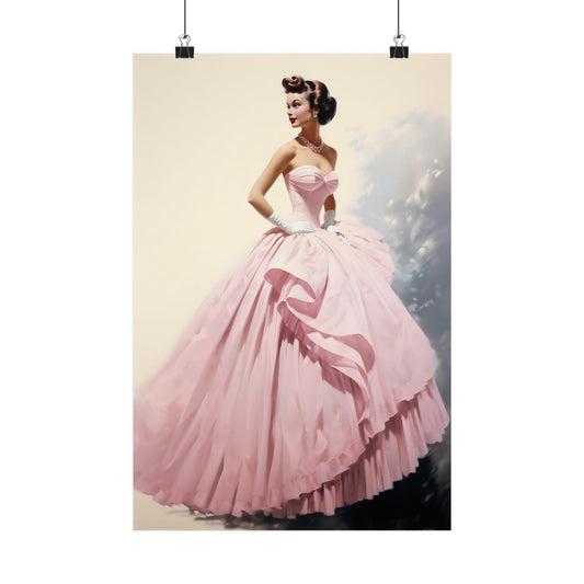 Elegant pink ball gown with a voluminous skirt and strapless bodice.