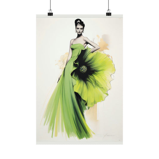 Fashion illustration of a woman in a flowing lime green gown resembling a flower.