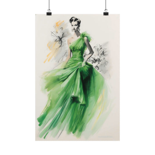 Elegant fashion illustration of a woman in a flowing green gown.