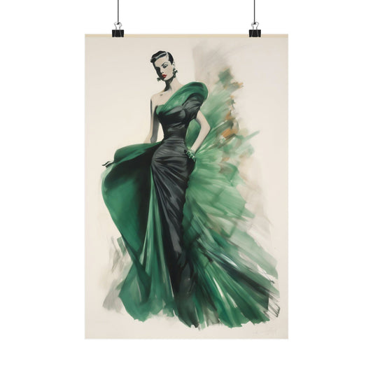 Elegant fashion illustration of a woman in a flowing green evening gown.